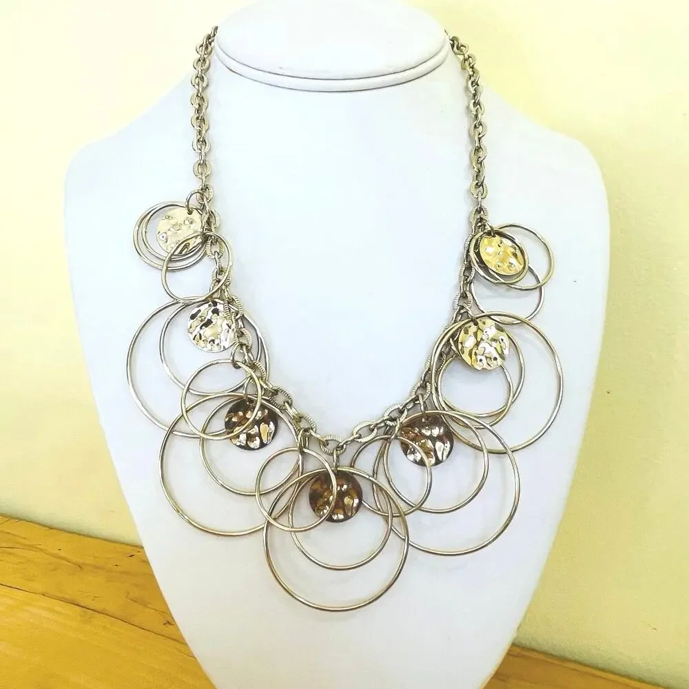 Vtg Hammered Disc Circle Retro Statement Necklace Link Chain Modernist